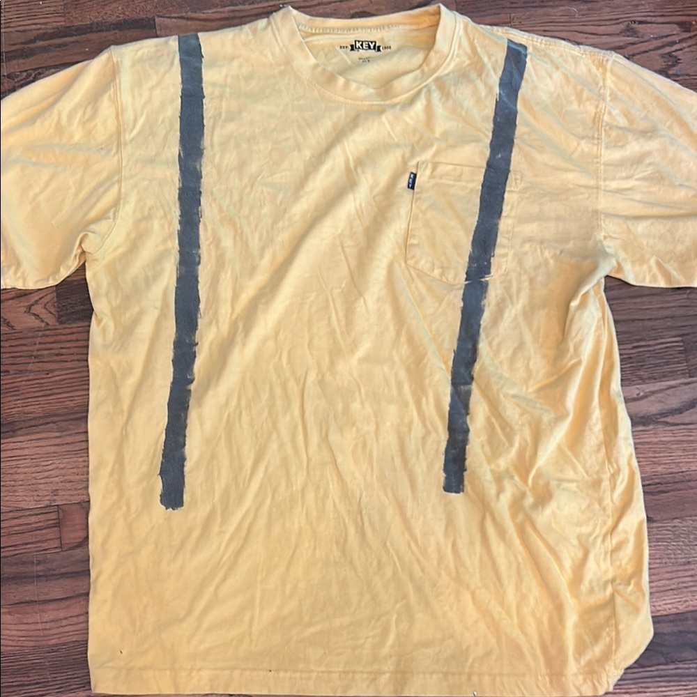Yellow and Gray Short Sleeve Tee with Vertical Stripes